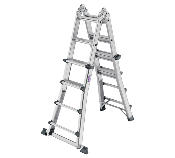 Stufen-Teleskopleiter 4-teilig mit Traverse 4x4 Stufen Position Stehleiter ausgefahren | © MUNK GmbH